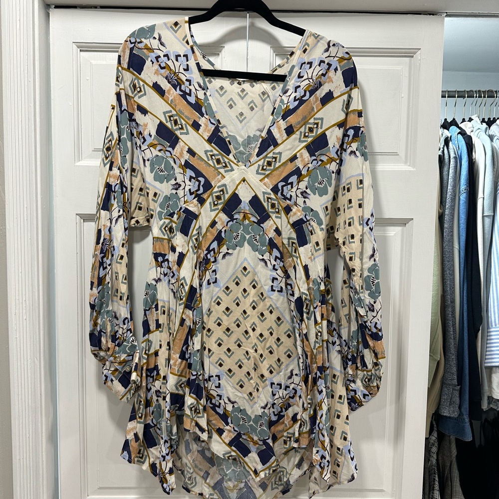 Free People Asymmetrical Dress in Cream, Blue, and Tan